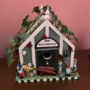 Charming Greenhouse Birdhouse with Garden Decor and gnomes for